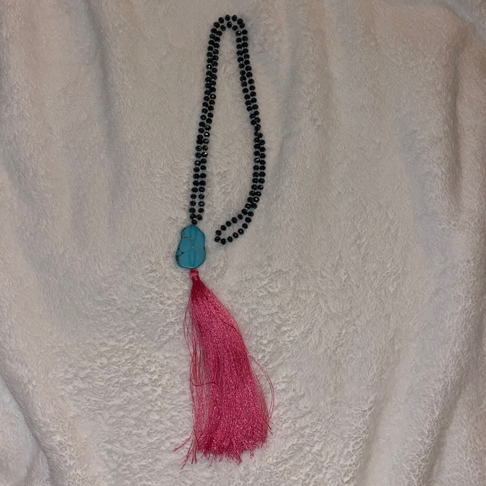 Boho Beaded Necklace with Turquoise Stone & Fuchsia Tassel